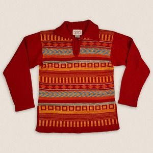 Vintage 60s Acrylic Aztec pattern Collared Sweater Red / multi